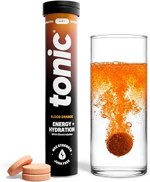 Tonic Health Energy and Hydration Tablets - 15 Vitamins, Minerals, Plants with Panax Ginseng, No Sugar Effervescent Multivitamins - Rehydration Electrolytes Tablets, Blood Orange 20 Count
