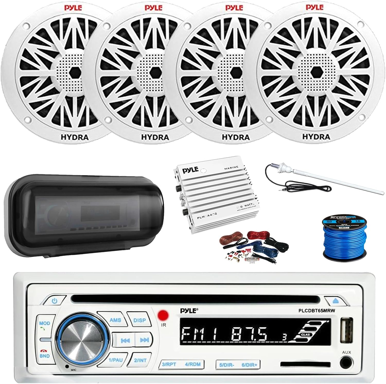 Pyle PLCDBT65 Bluetooth Marine Stereo AM/FM CD Stereo Receiver, Cover, 4-Channel Amplifier w/Kit, 4x 6.5" 200 Watt Peak Full Range 2-Way Waterproof Speakers w/Wire, Long Range Radio Antenna