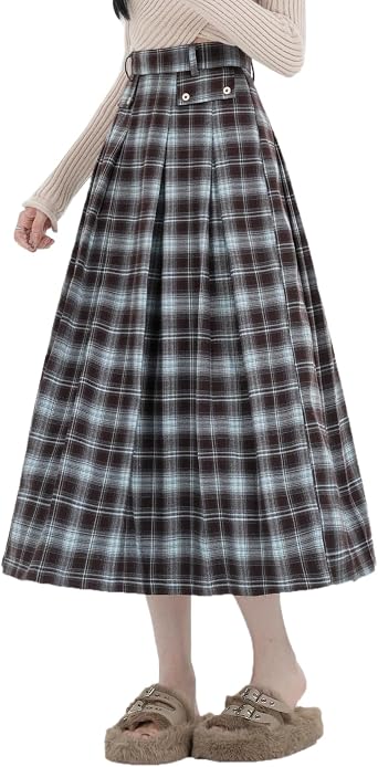 Womens Plaid Skirt Hign Waist A-Line Pleated Flare Long Skirts
