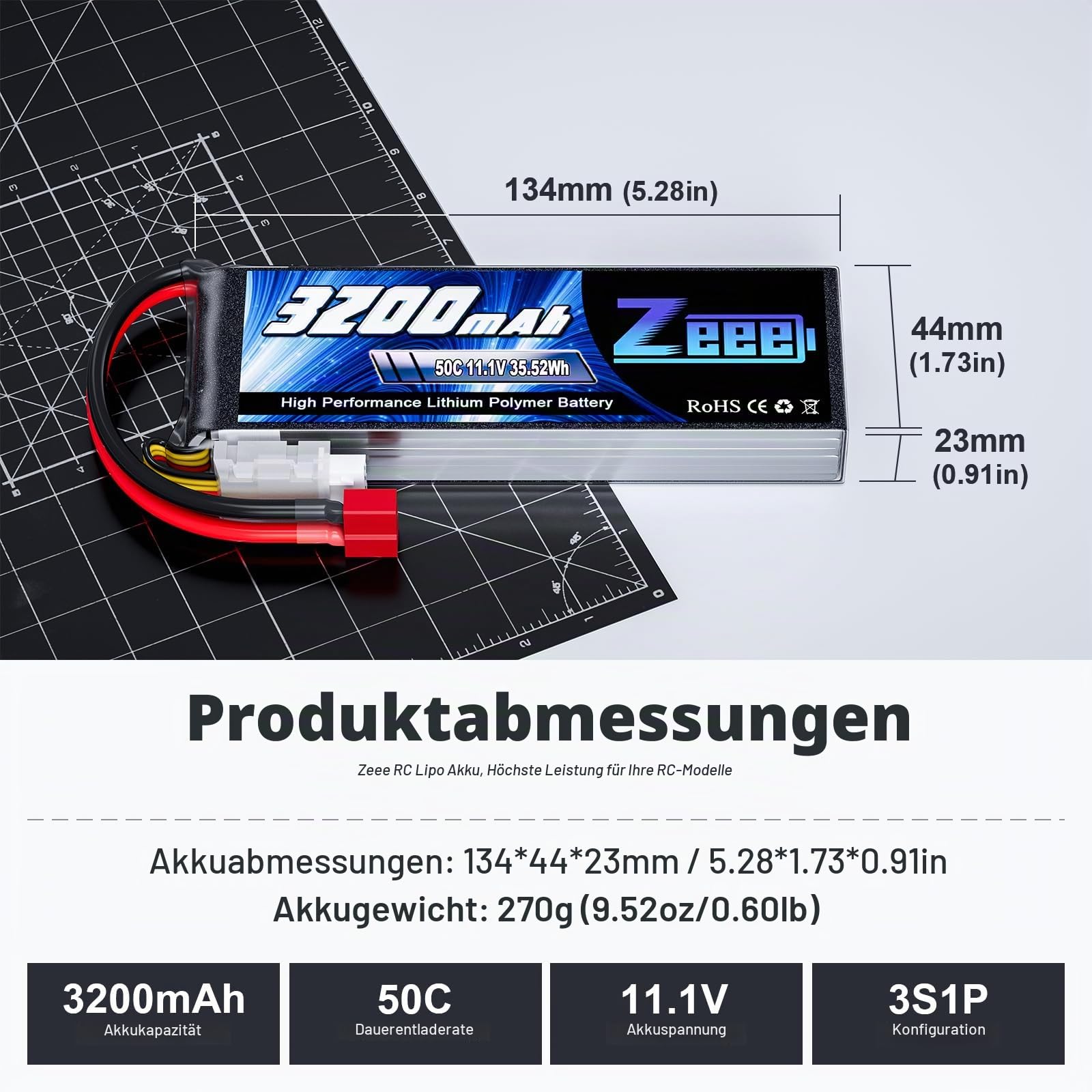 Zeee 3S LiPo Akku 11,1V 50C 3200mAh mit T Stecker(2 Packungen)