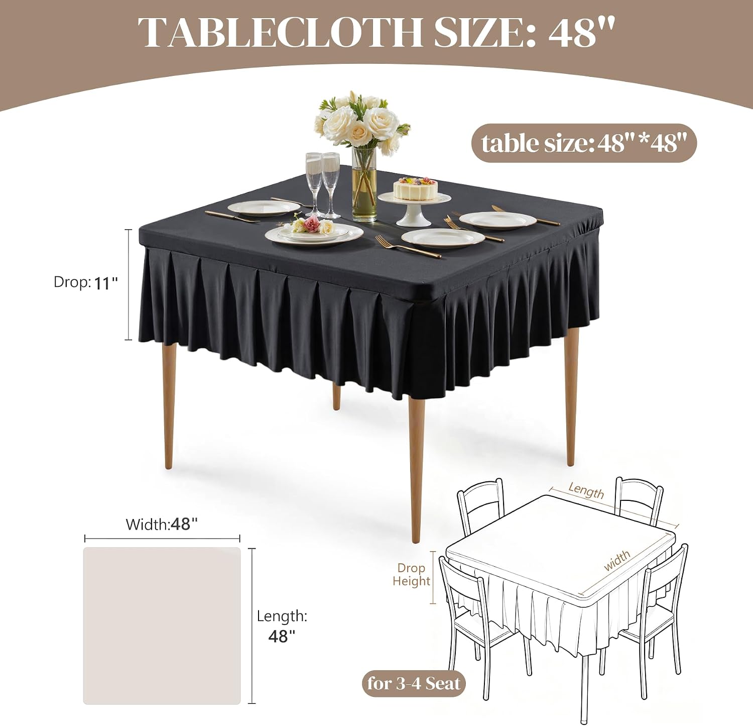Wish Care Black Spandex Tablecloths for 48x48 Inch Square Tables, Stretch Fitted Table Clothes with Pleated Ruffle Skirt for 48” Table, Wrinkle Free and Elastic, for Party Kitchen Home Dining image 4