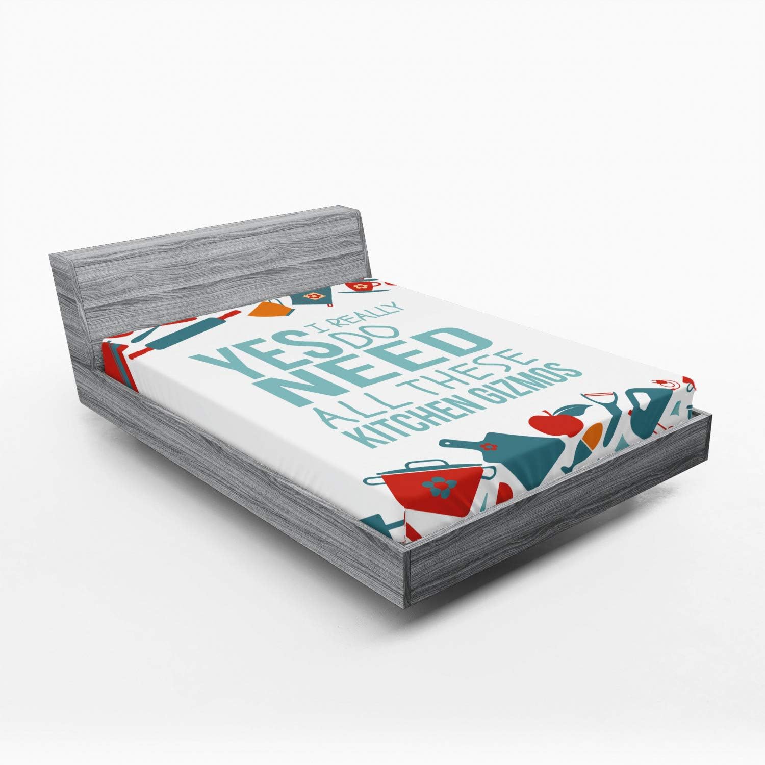 Ambesonne Saying Fitted Sheet, Yes I Really Do Need All These Kitchen Gizmos Cutlery Theme Rolling Pin Pot and Cups, Bed Cover with All-Round Elastic Deep Pocket for Comfort, Queen Size, Sea Blue