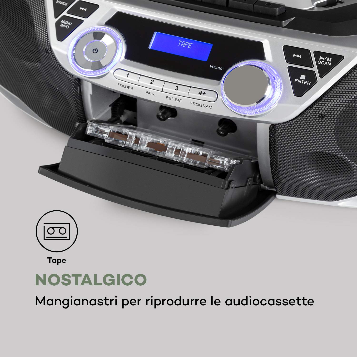 auna Roadie 2K - Boombox, Radio DAB+/FM, Lettore CD, CD-R/CD-RW/CD-MP3, Radiocassette, Portatile, USB, MP3/WMA, Bluetooth 5.0, AUX, Alimentazione a Corrente e Batteria, Argento