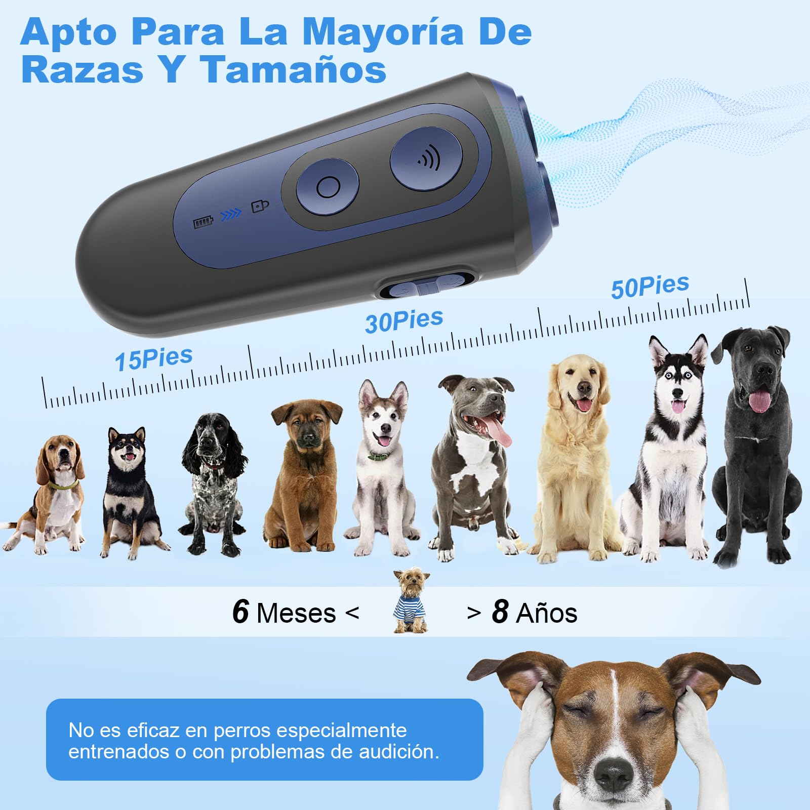 Ahuyentador de Perros, Antiladridos para Perros Ultrasónicos 3 Modos, Dispositivo Seguro y Humano para Detener Ladridos, Alcance 15M, Portátil con Linterna LED, para Perros Pequeños, Medianos y Grande