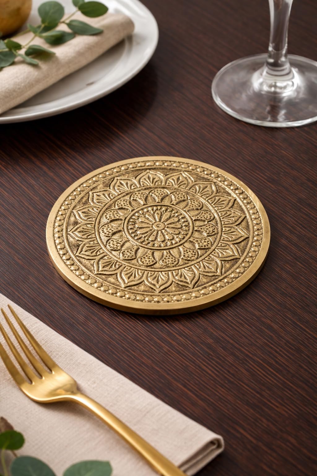 Kartivo Mammon 100% Pure Brass Coasters - Set of 2 Matte Finish Tea Coaster Set for Dining Table for Hot Pots | Brass Items for Kitchen | Home Decor Gift Items-image-15