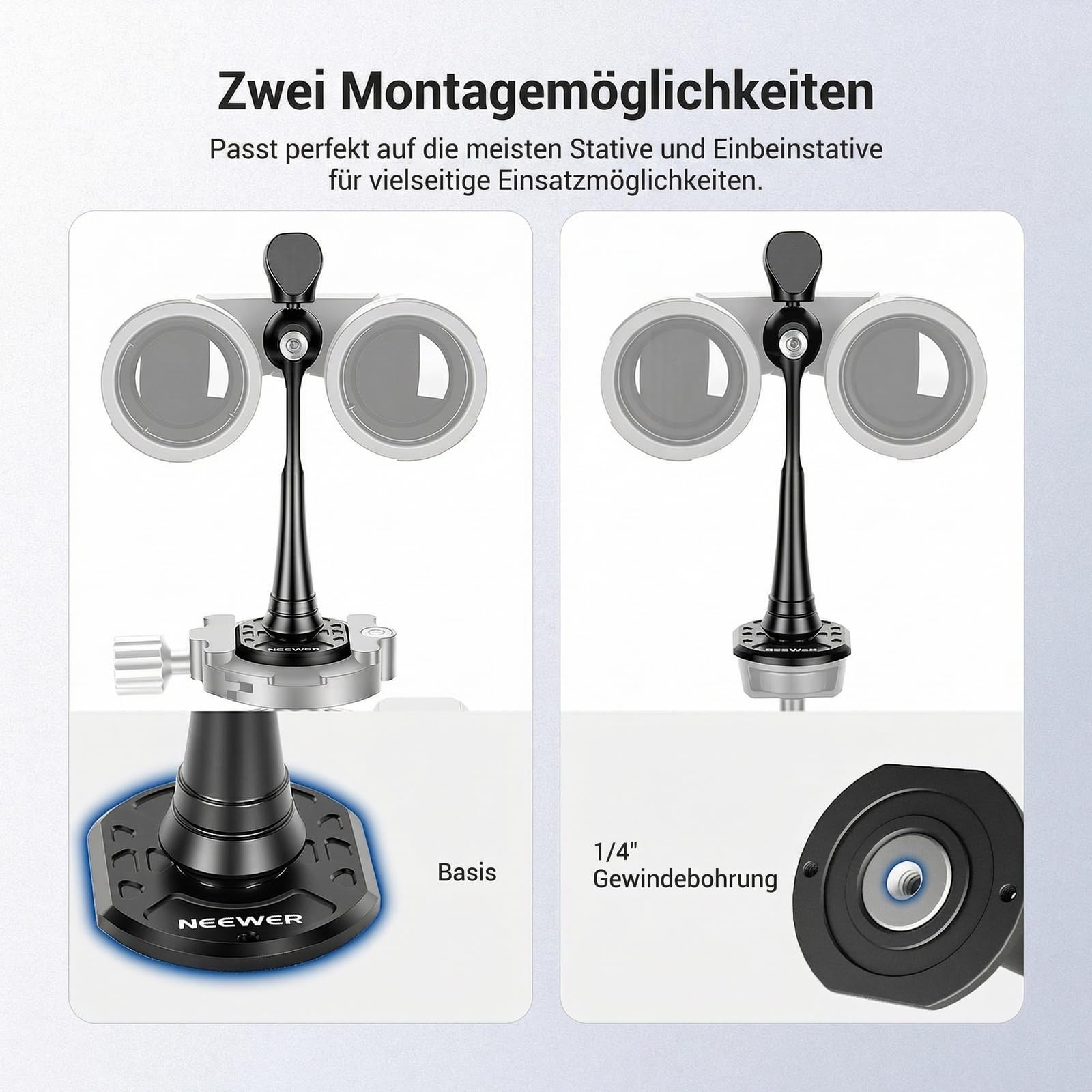 NEEWER Fernglas Stativadapter mit 1/4" Gewinde, Stativ/Einbeinstativhalterung aus Aluminiumlegierung für Ferngläser der Modelle 7x35, 8x42, 10-30x52, 12x25, 12x42, 15x25, 15x52, 20x25,30x60, ST-T05