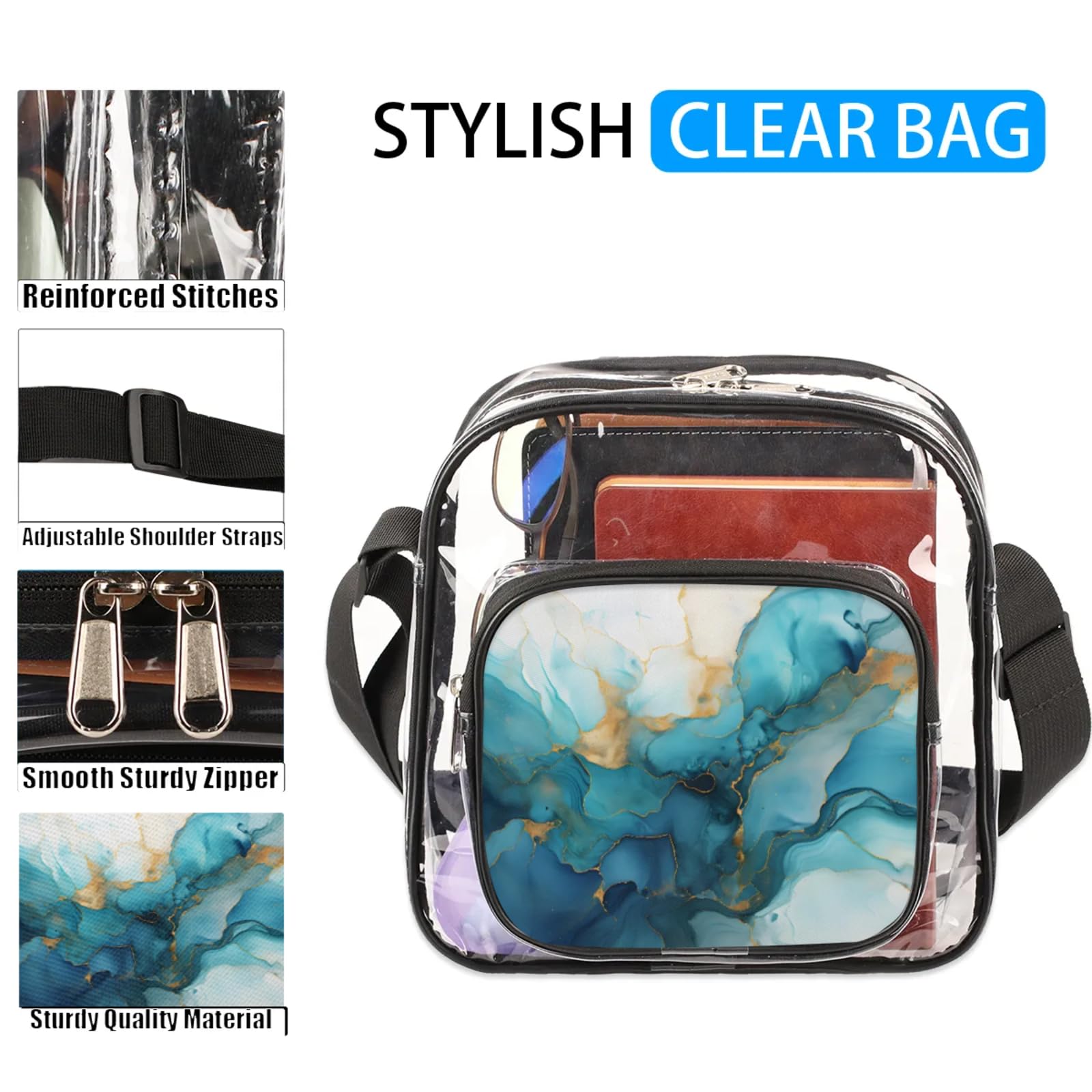 Clear Crossbody Bag Stadium Approved Blue Abstract Art Transparent Bag for Festivals, Sports Events, Concerts,Beach Bag for Women Men Dynamic Design Clear Purse with Front Pocket Messenger Bag