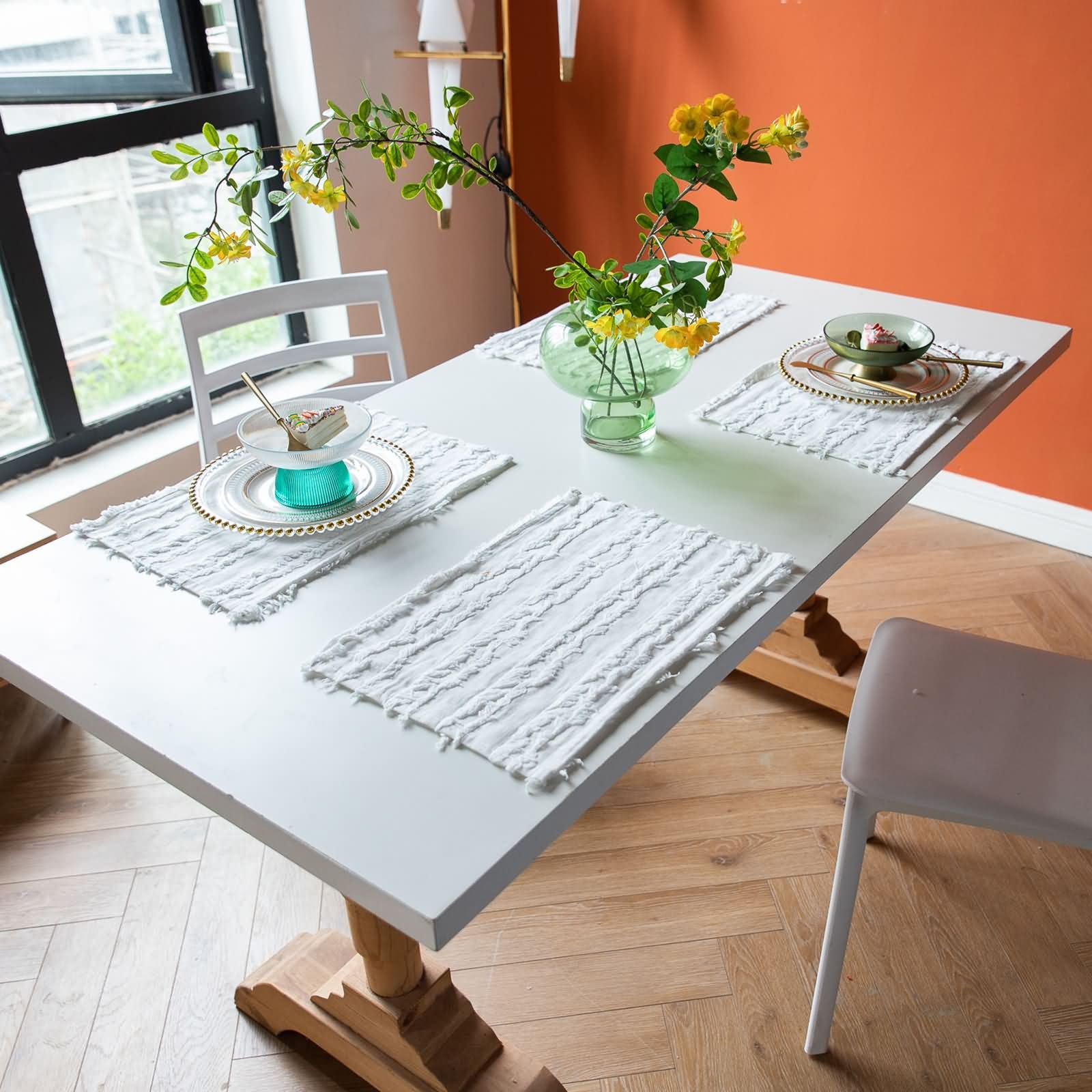 Set de Table Rectangulaire, 30 x 45 CM, 8PCS, Set de Table Coton Lin Rayures Découpées Style Française, Blanc