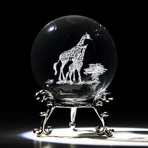 HDCRYSTALGIFTS Bola de cristal 3D de 2.4 pulgadas, grabada con láser, figura de jirafa para mamá y bebé, coleccionables, pisapapeles, esfera
