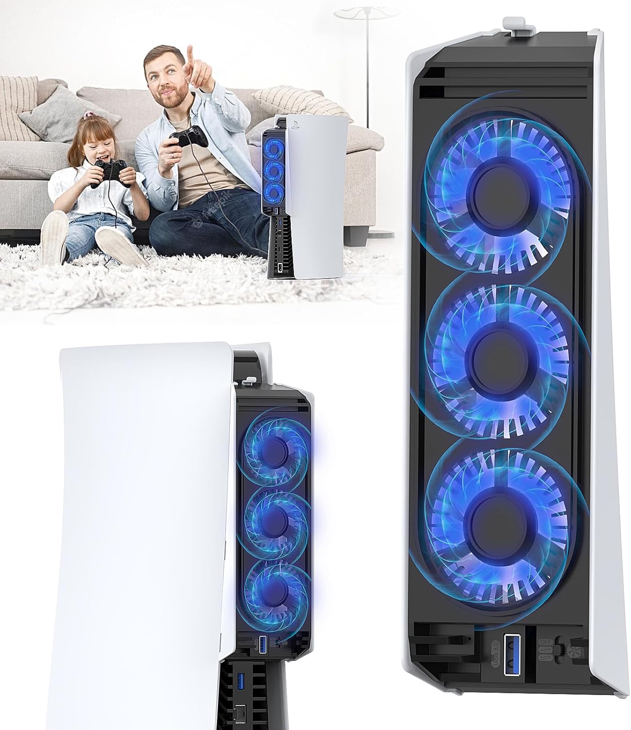 QYCHHJ Cooling Fan for PS5 Cooler Fan for PS5 Accessories with LED Light and 3.0 USB Ports Fan Cooling Fan Compatible with PS5 host digital version or CD version…