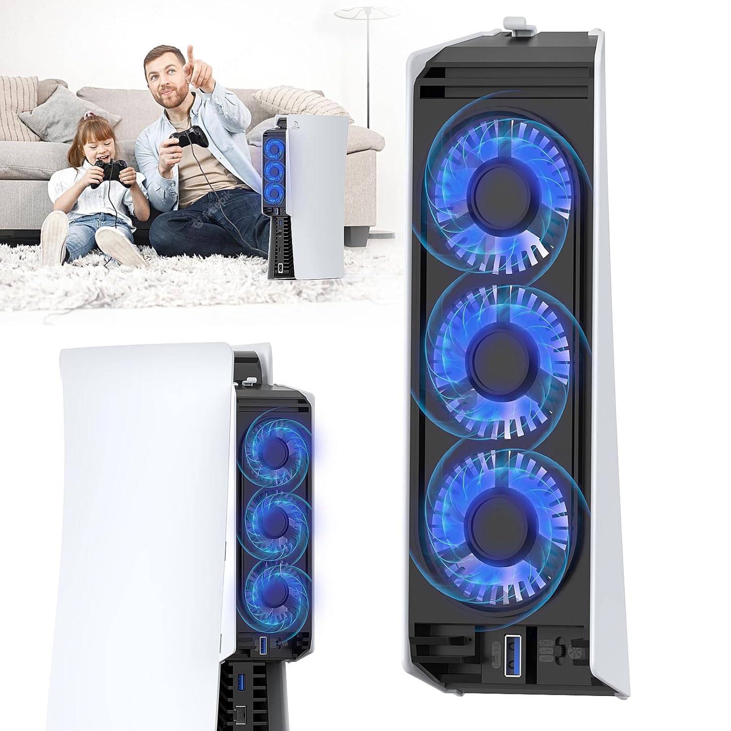 QYCHHJ Cooling Fan for PS5 Cooler Fan for PS5 Accessories with LED Light and 3.0 USB Ports Fan Cooling Fan Compatible with PS5 host digital version or CD version, Not for Ps5 Slim/Pro