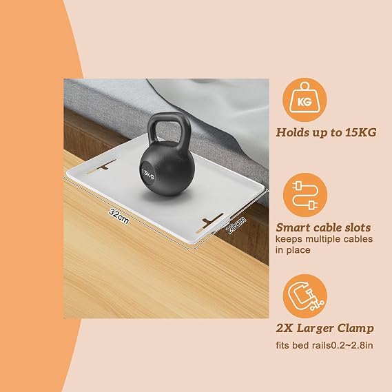 Bedside Shelf,Clip-On Bedside Table Organiser | Nightstand Tray with Cable Holes,for Bunk Beds,College Dorm Essential,Bed Storage Caddy Shelf
