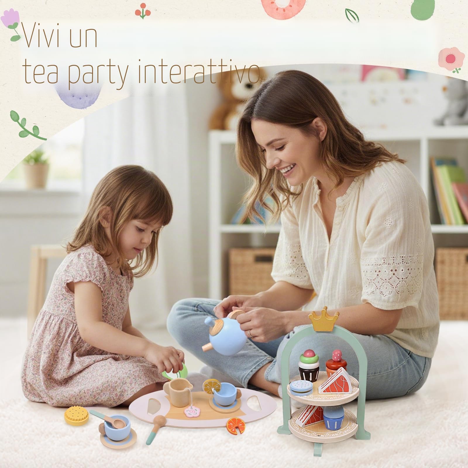 Set da tè in Legno per Bambini, Giocattolo Educativo Montessori con Torta e Accessori, Gioco di Ruolo Tea Party, Regalo per Bambina Ragazzi Ragazz 3 4 5 6 Anni