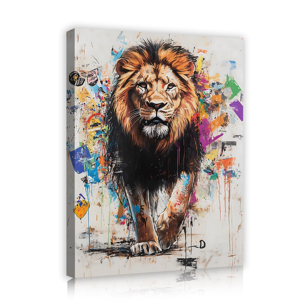 TOANGWALL Majestic Lion Canvas Wall Art Corridor Graffiti Splatter Framed Poster Prints Retro Street Pop Art King Animals Painting for Hotel Decor 70x85cm
