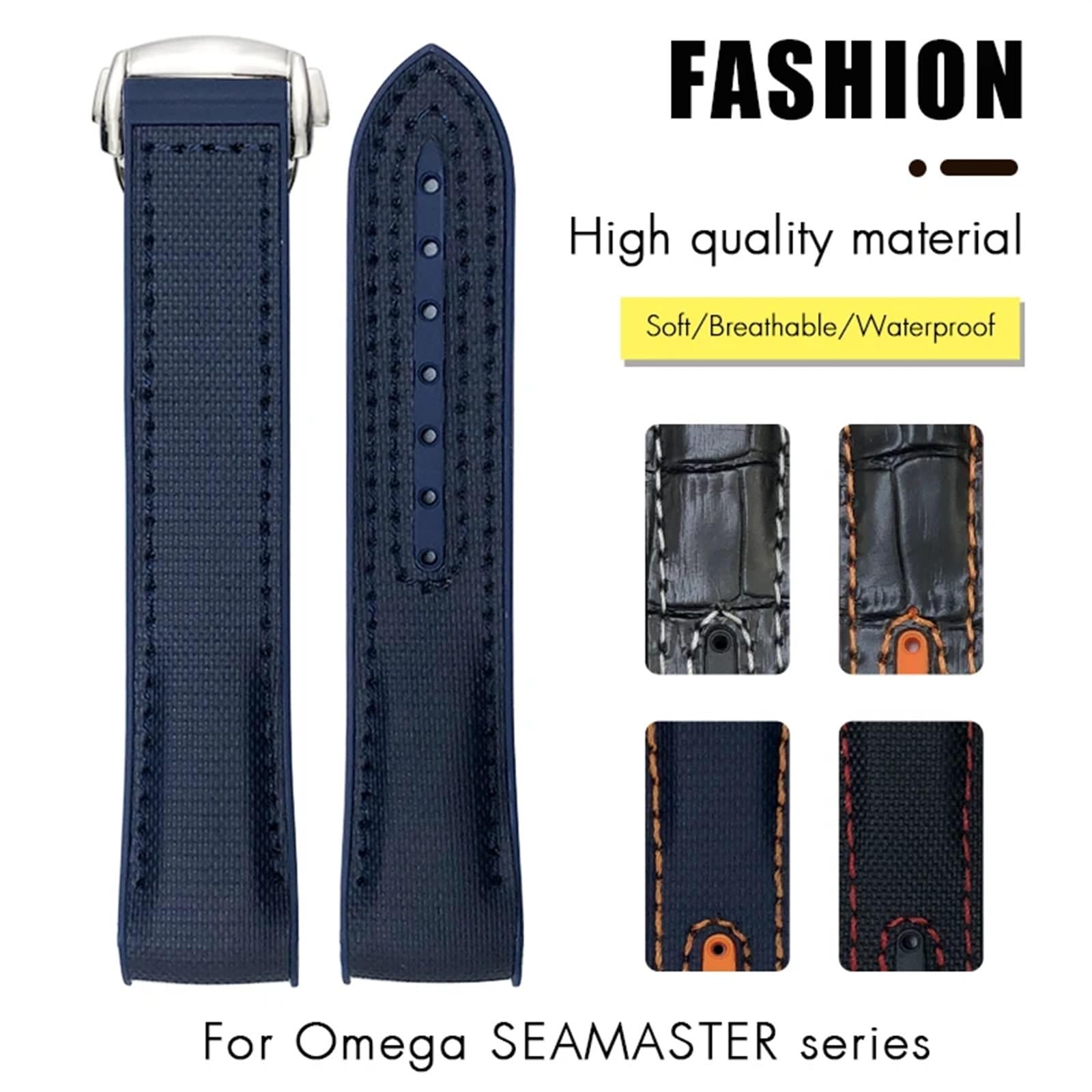Uhrenarmbänder aus Leder, Ersatzarmband aus Leder, 21 mm 22 mm, gebogenes Ende, blau-rotes Stoffarmband aus Nylon und Gummi, 19 mm 20 mm, passend for Uhrenarmband 300 AT150