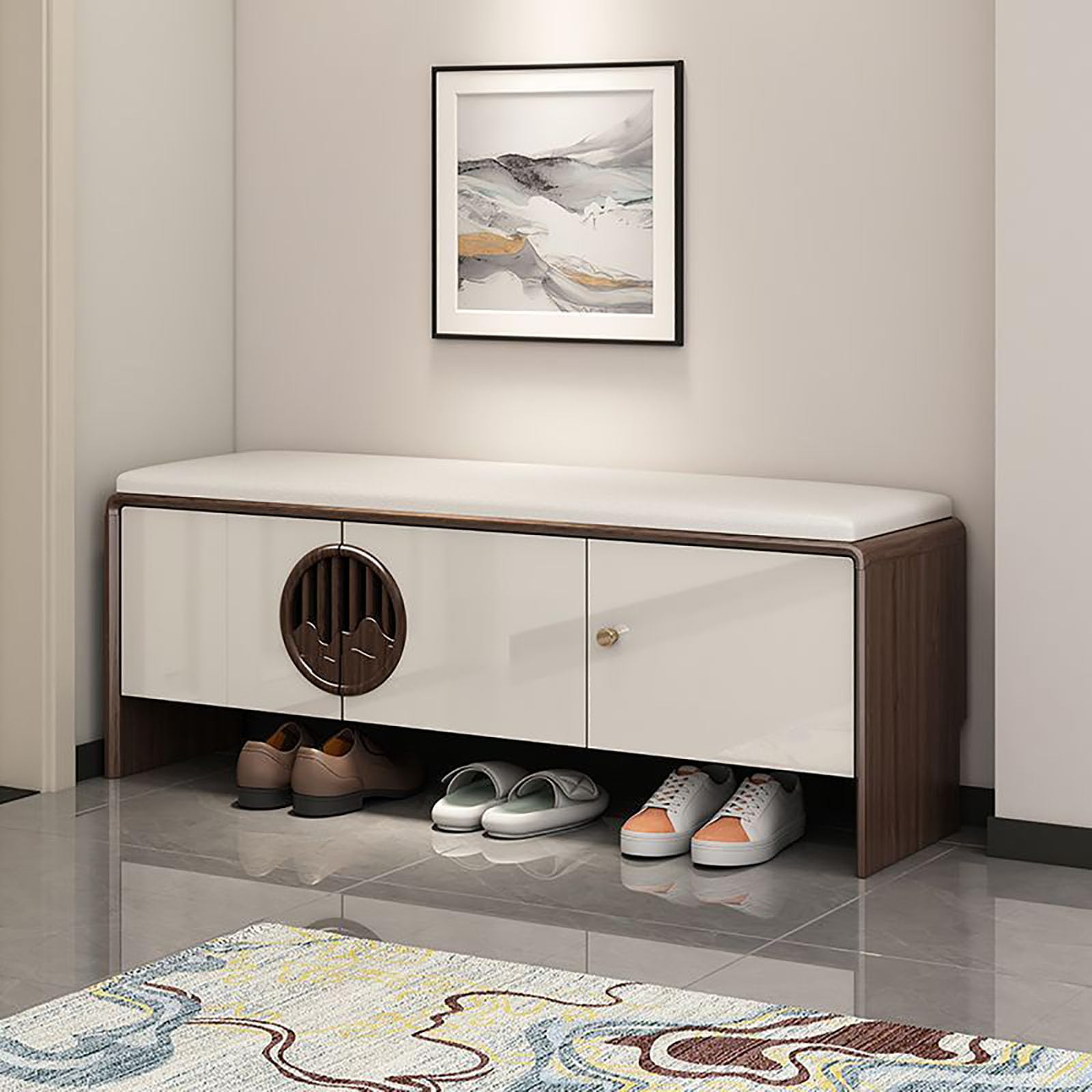 Banc à chaussures en bois avec coussin rembourré pour rangement entrée