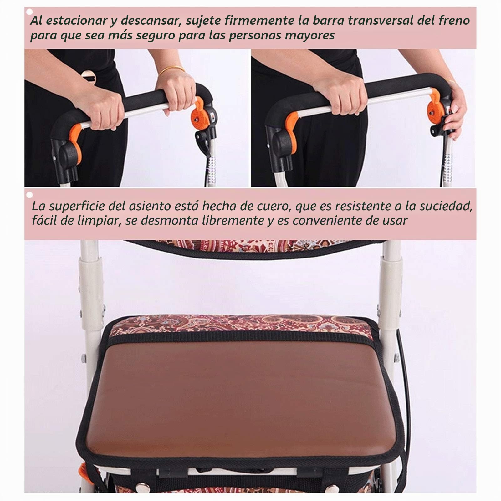 Andador con asiento, plegable ligero, altura ajustable, asiento acolchado, cesta de transporte, frenos bloqueables, fácil almacenamiento y transporte