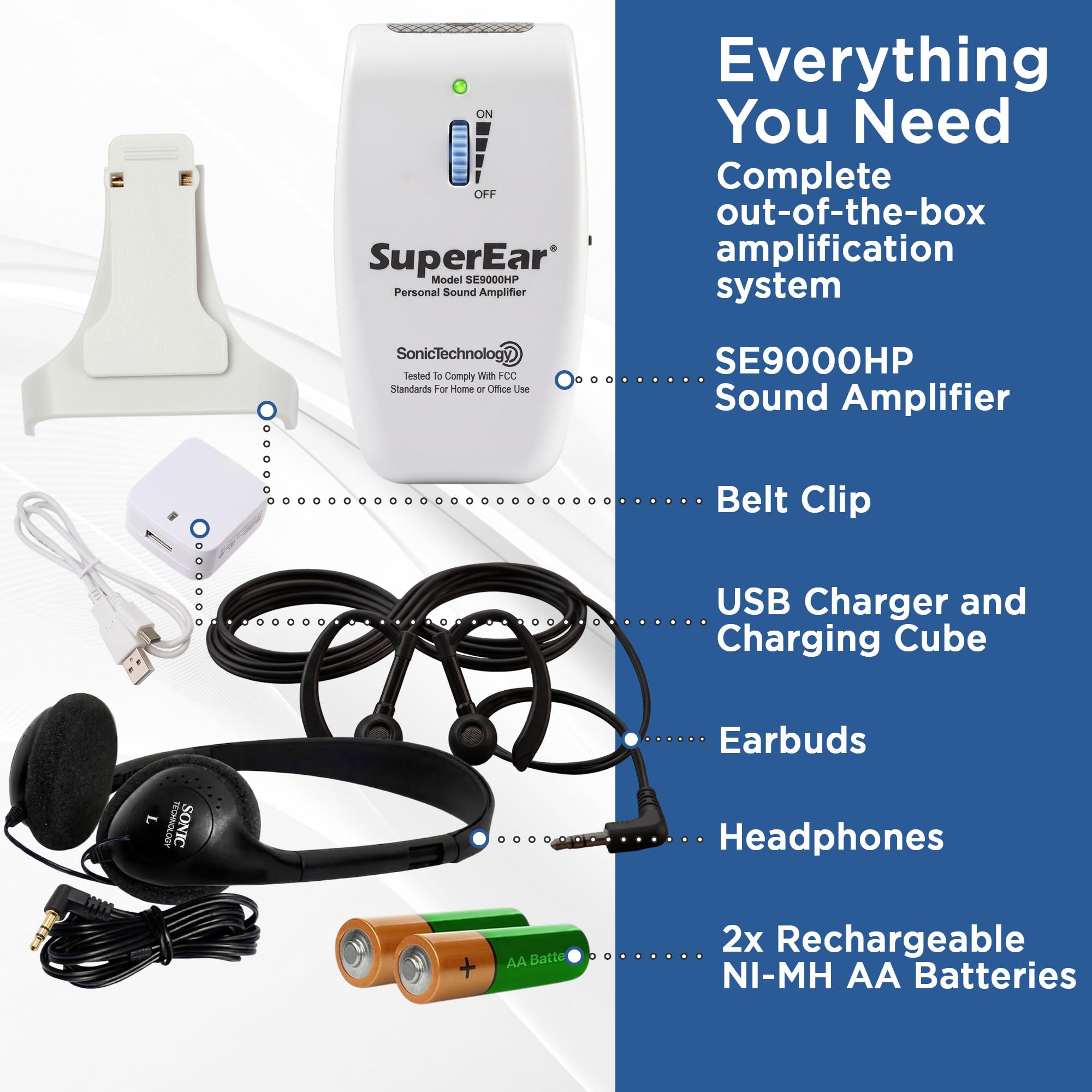 SuperEar Wiederaufladbarer Sound-Verstärker Komplettsystem mit Kopfhörern und Ohrhörern steigert Sound 50 dB, 3-farbige Frequenzauswah