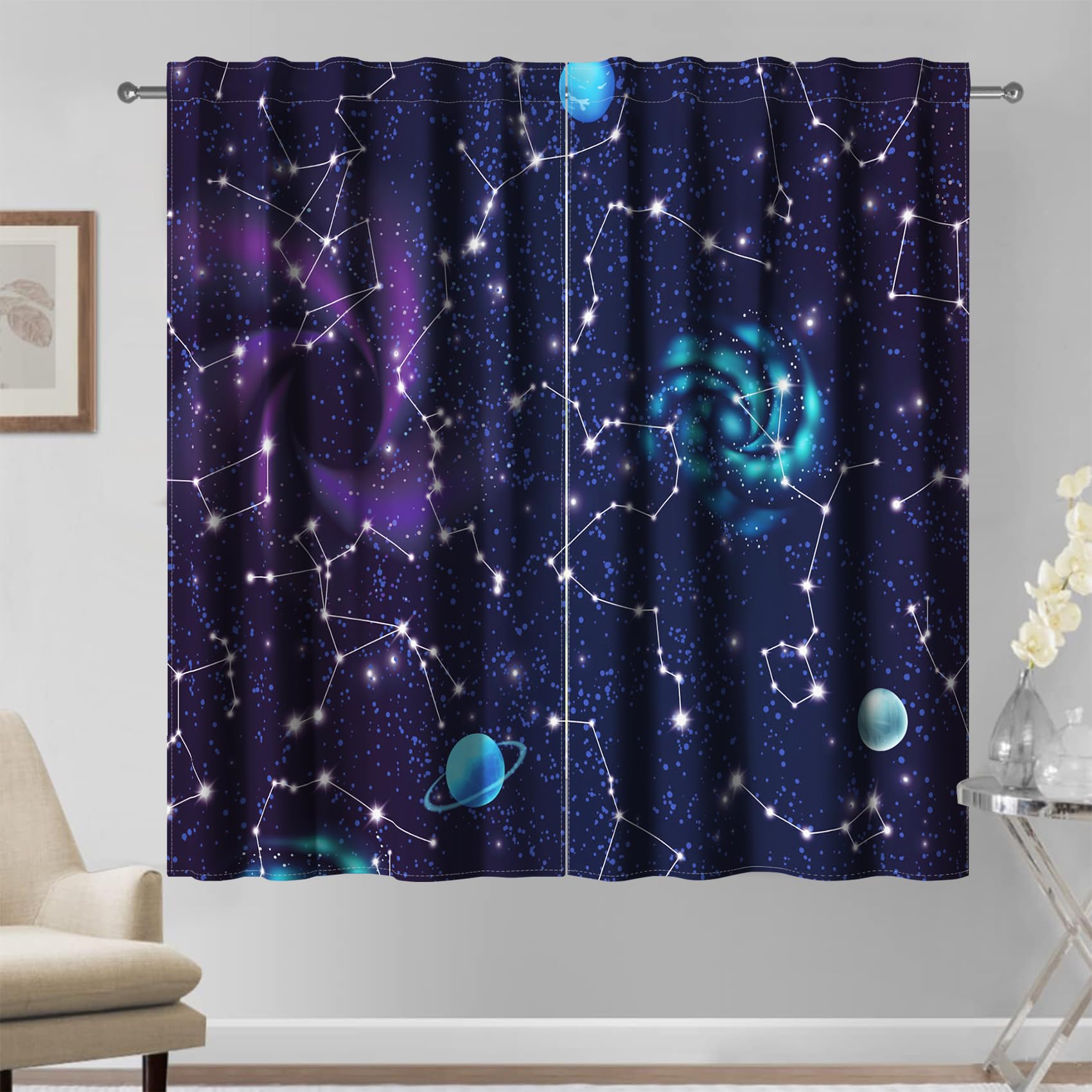 Kzzfqxb 107×160cm Galaxy Gardinen, Blau Lila Nacht Sternenhimmel Planeten Nebel Astrologie Astronomie gardinen 2 Paneele für Jungen Mädchen, Schlafzimmer Wohnzimmer Fenstervorhänge