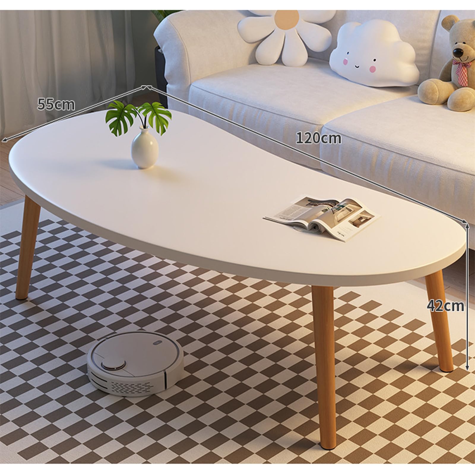 Kleine salontafel moderne salontafel rustieke boerderij salontafel ovaal halverwege de eeuw salontafel retro accent middentafel voor woonkamer eenvoudige montage, wit, 120 x 55 cm
