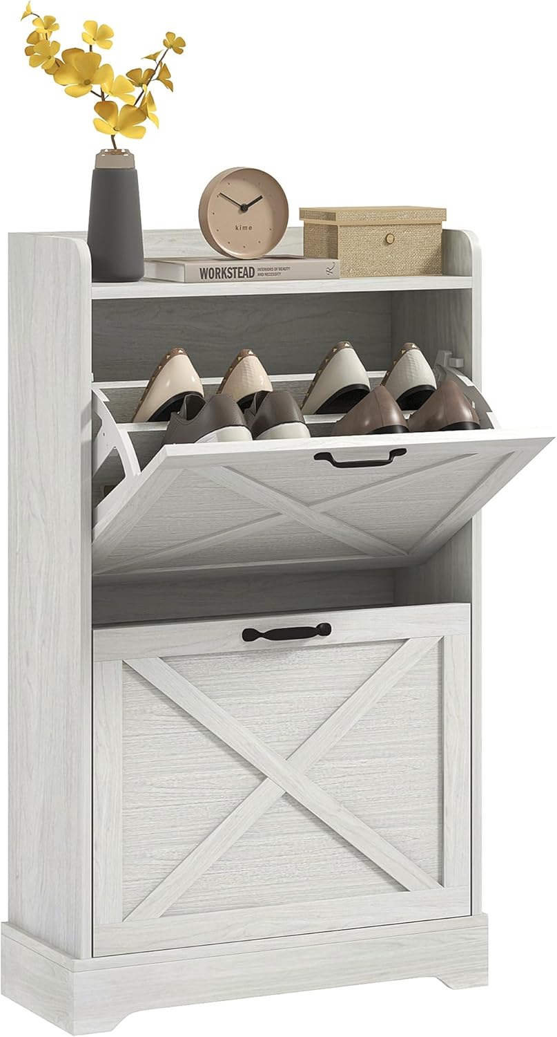 HOMCOM Slim Shoe Cabinet for Entryway, Farmhouse Hidden Shoe Storage Cabinet with 2 Flip Drawers and Adjustable Shelves for 8 Pairs of Shoes, Distressed White