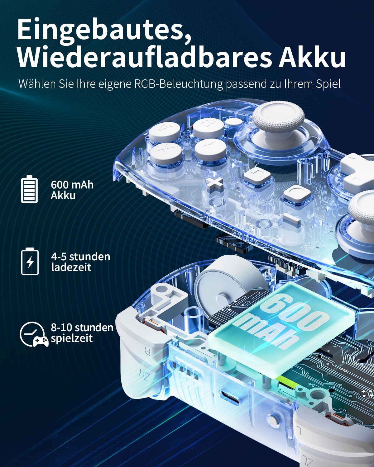 PALPOW Switch 2 Controller mit Switch 1/2/OLED/Lite, Hall-Effekt-Joysticks Pro Controller mit 7 RGB LED/Makro Paddles/Bluetooth/Bewegungsaufnehmer/6-Achsen-Gyro/Turbo,Transparent Blau
