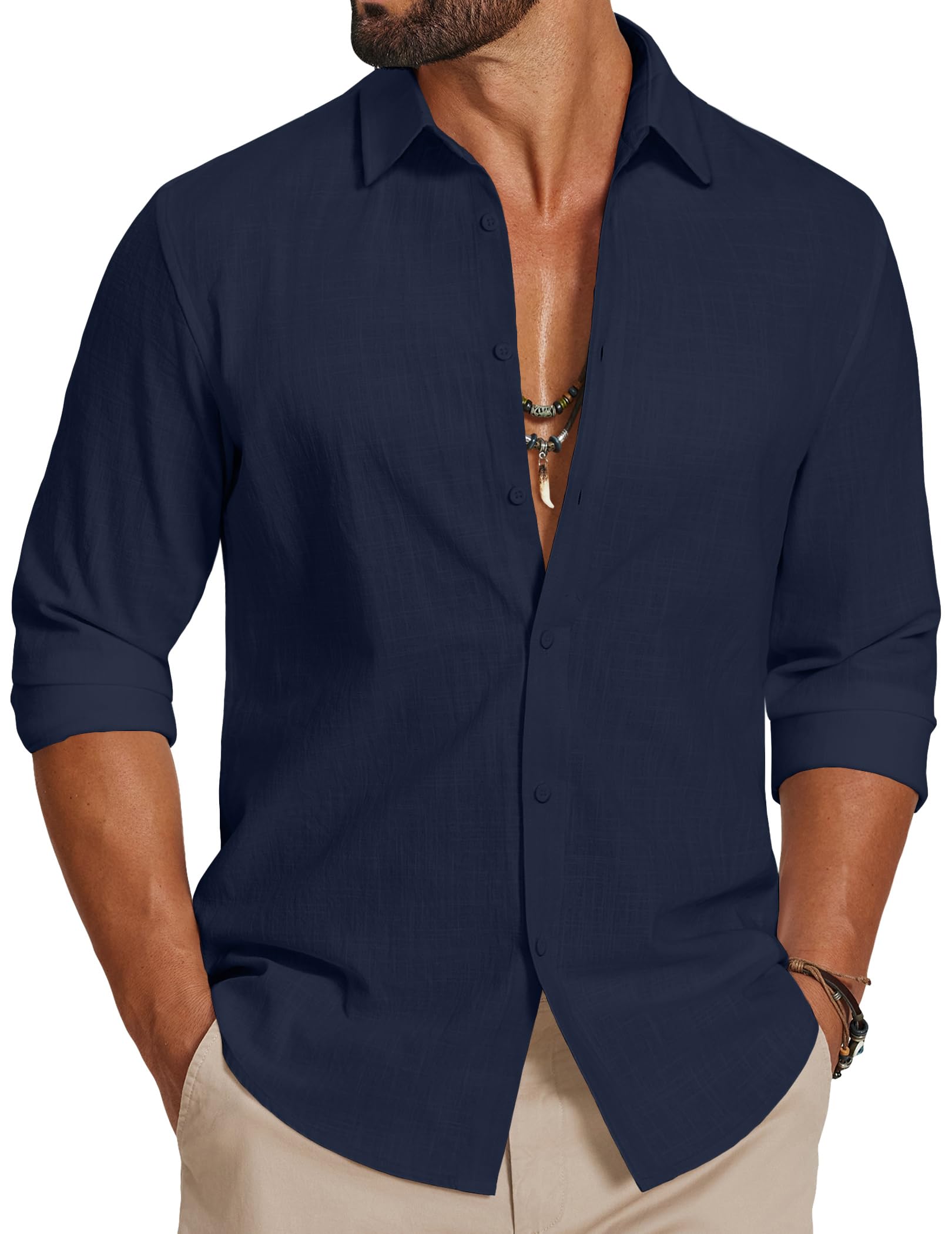 COOFANDY Camicia da Uomo a Maniche Lunghe in Cotone Camicia Casual Estiva Camicia da Spiaggia Leggera per Le Vacanze e i Matrimoni