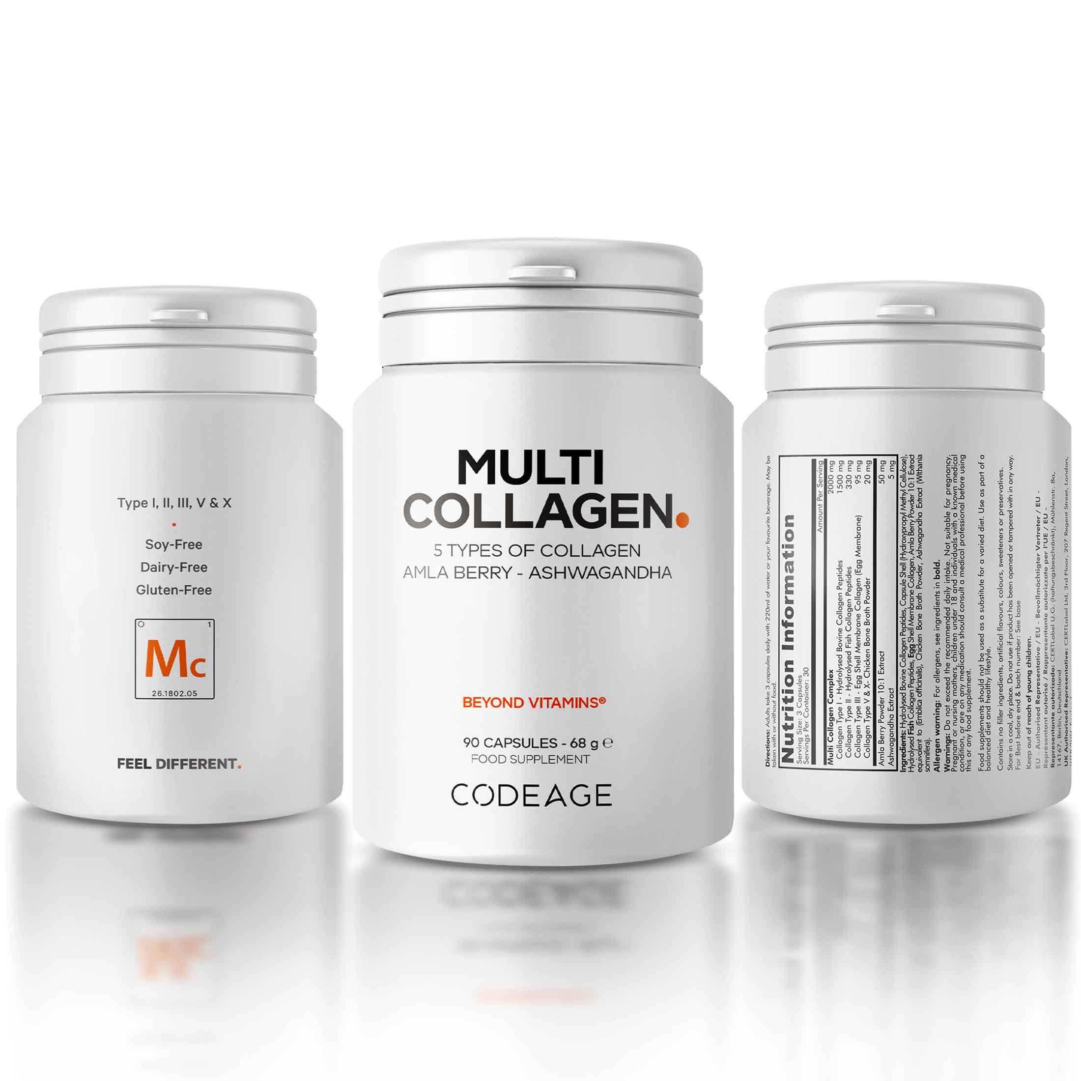 Codeage Capsules de peptides multicollagènes, supplément de collagène bovin hydrolysé et nourri à l'herbe avec ashwagandha et baies d'amla, collagène pour la peau, les cheveux, 90 gélules