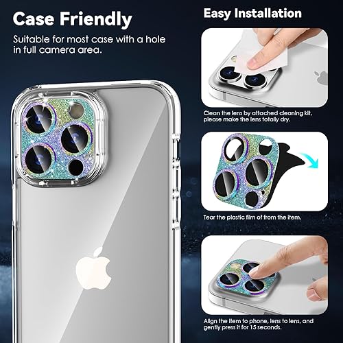 Miniatura 5 de CloudValley Protector de lente de cámara con purpurina para iPhone 14 Pro  14 Pro Max, vidrio templado 9H diseño todo en 1, compatible con fundas,