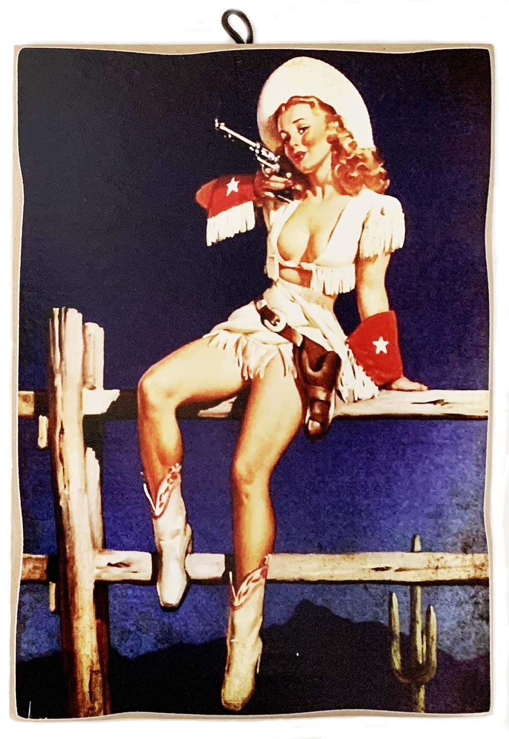 KUSTOM ART Painting Painting Vintage Style Pin Up Cowgirl Collectible Gun Wood Print, 25L x 17W cm