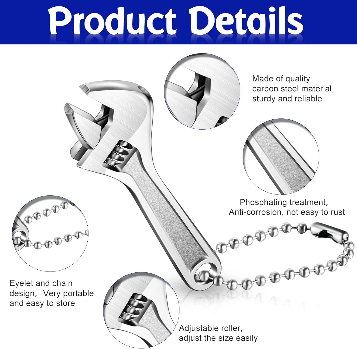 Chumia Adjustable Spanner Mini Nut Wrench Silver Shifting Spanner Wrench Small Adjustable Wrench with Chain Hand Knurl Tool for Repair Maintenance Automotive Car (2, 2.5 Inch, 4 Inch)
