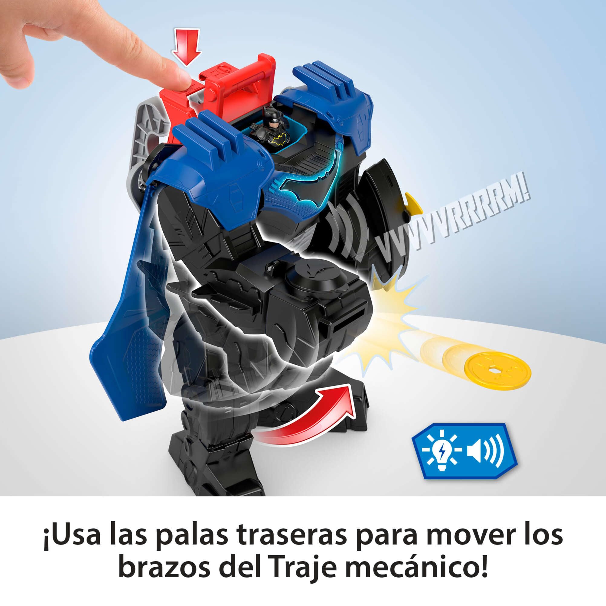 Fisher-Price Imaginext DC Super Friends Batman Traje mecánico volador de 36,83cm con luces, sonidos y movimiento, figura de acción de 7,6cm y accesorios de lanzador y discos, JDL03