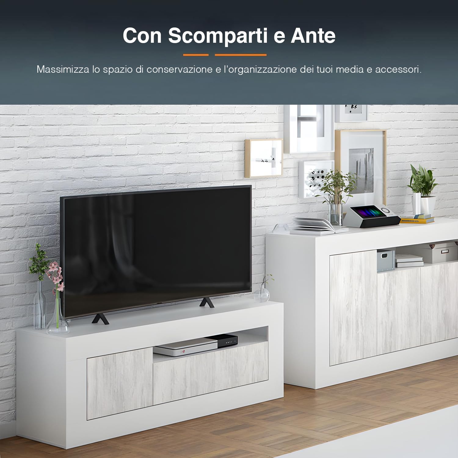 Avilia Mobile Porta TV Mobiletto Basso per TV con 2 Ante e Scomparti Portaoggetti - Con Foro Passacavi Integrato, in MDF, 42x139x53cm, Bianco