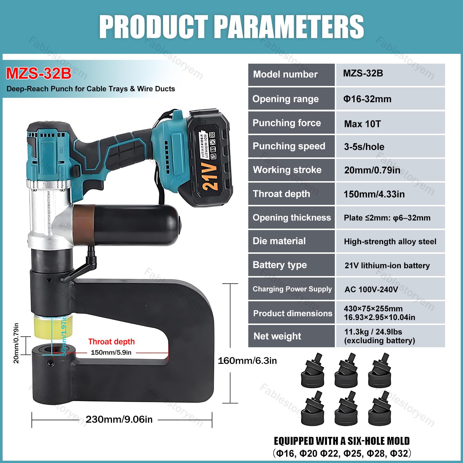 Punzonatrice Idraulica Portatile, Kit di Punzonatura a Batteria 21V con 6 Set di Punzoni e Matrici, 2 Batterie e Custodia Compatta per Trasporto - per Cantiere, Lavori Esterni e in Campo MZS 32B