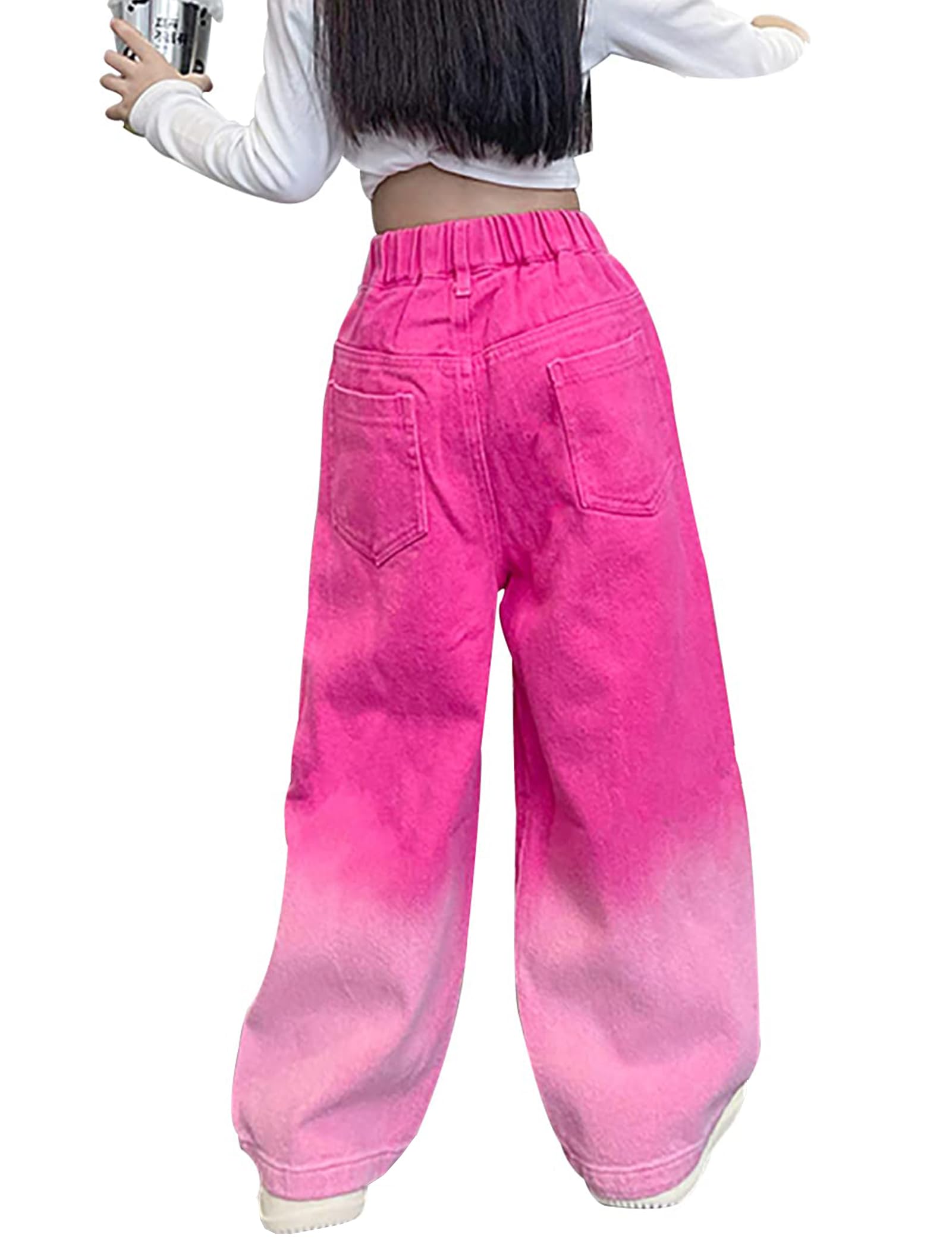 Kiench Mädchen Baggy Jeans Hose Weites Bein Pull-On Pants mit Taschen