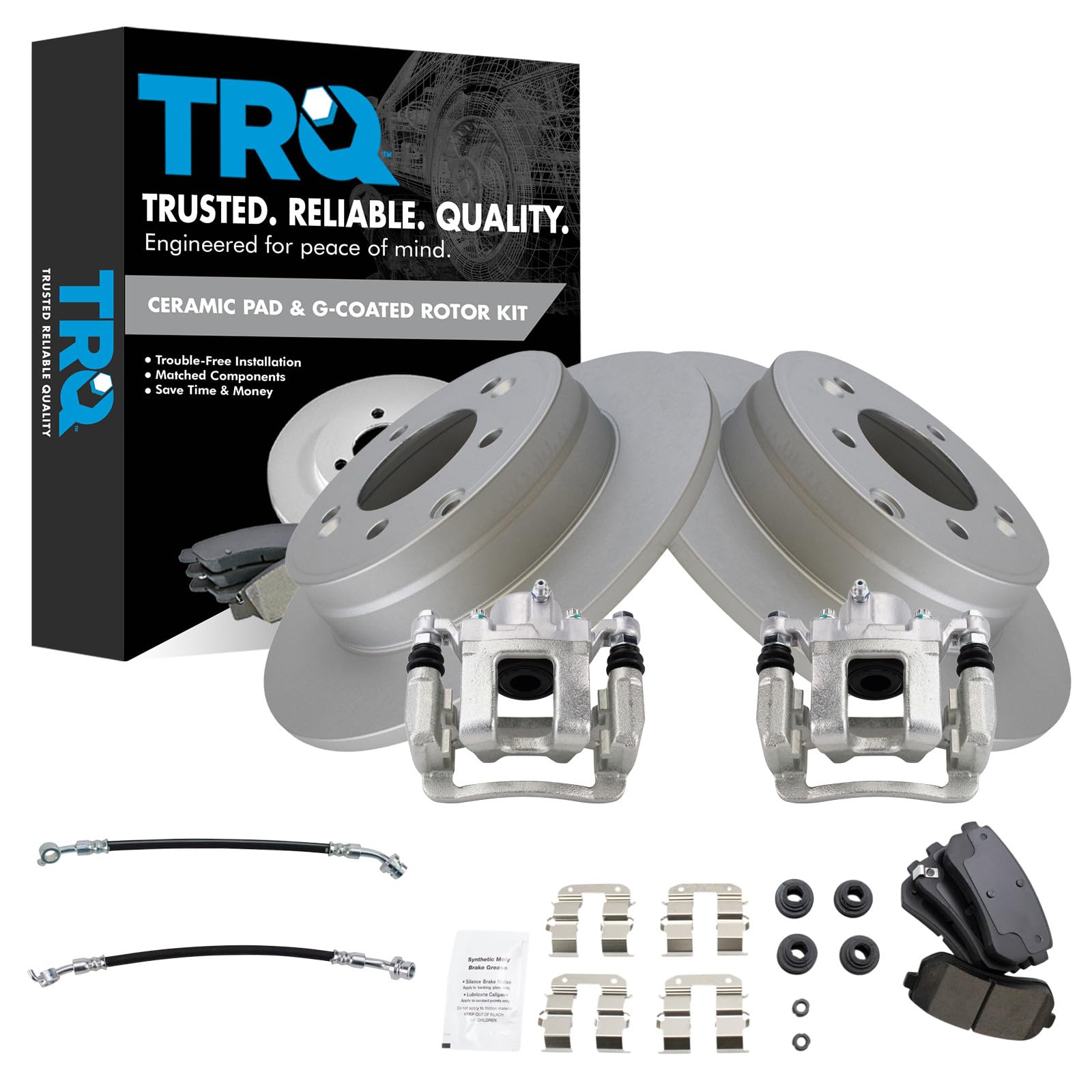 TRQ Rear Brake Pad and Rotor Set Ceramic Coated Rotors Calipers Compatible with 2015 Hyundai Sonata with Manual Parking Brake