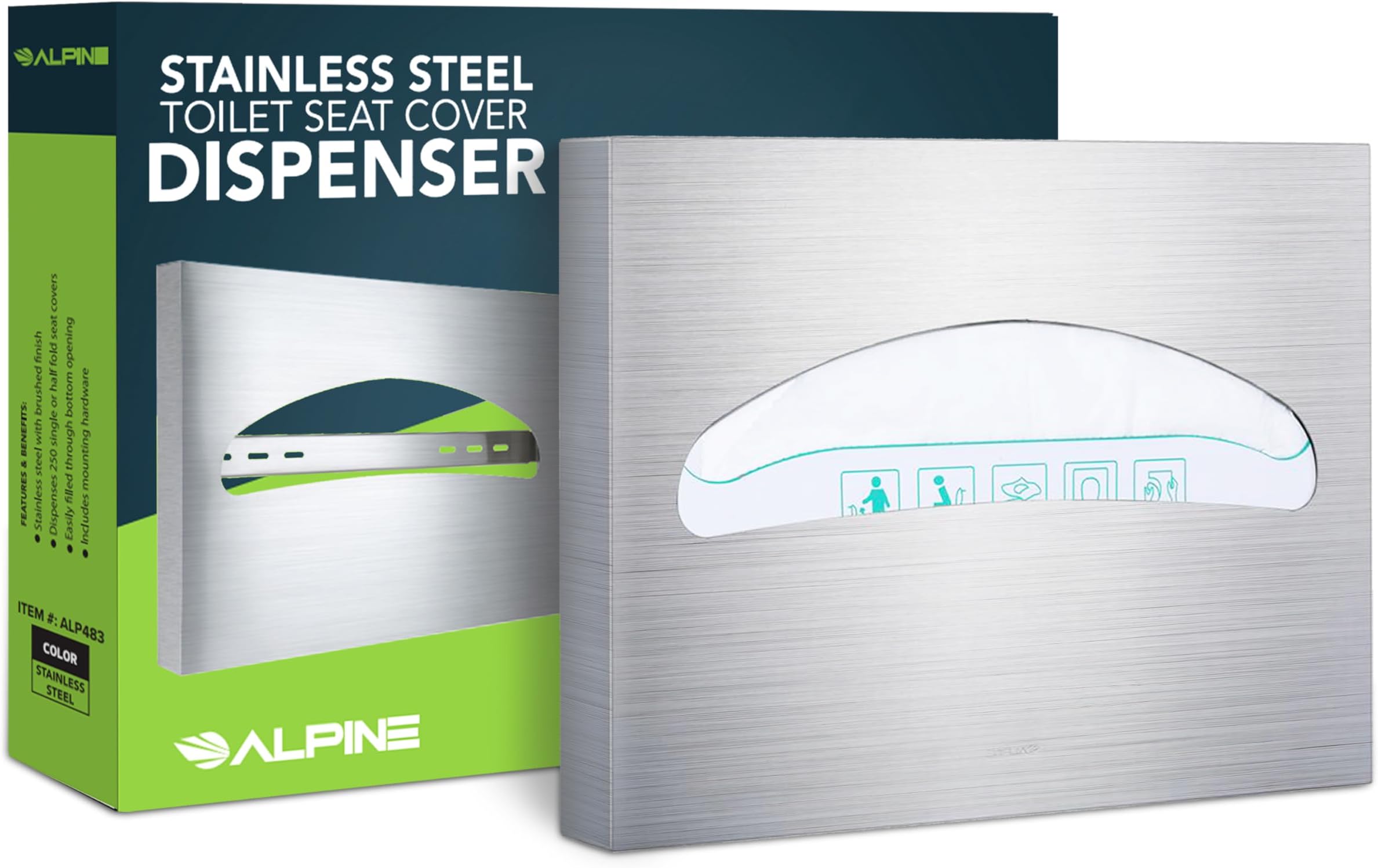 Alpine Toilet Seat Cover Dispenser Wall Mount, Toilet Seat Cover Holder for Disposable Toilet Seat Covers, Corrosion Free, Premium Grade Brushed Stainless Steel