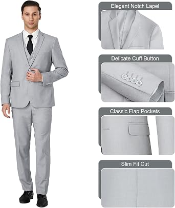 Men's Slim Fit 3 Piece Suit Set, Two Button Solid Blazer Jacket with Multi-Functional Pockets for Business/Party
