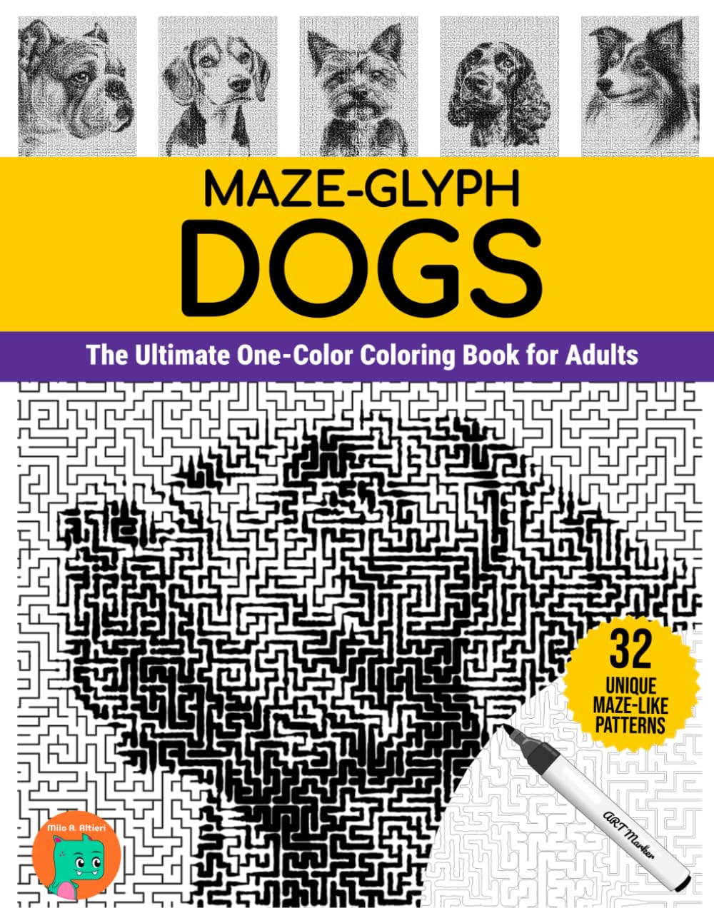 Maze-glyph Dogs: The Ultimate One-Color Coloring Book for Adults