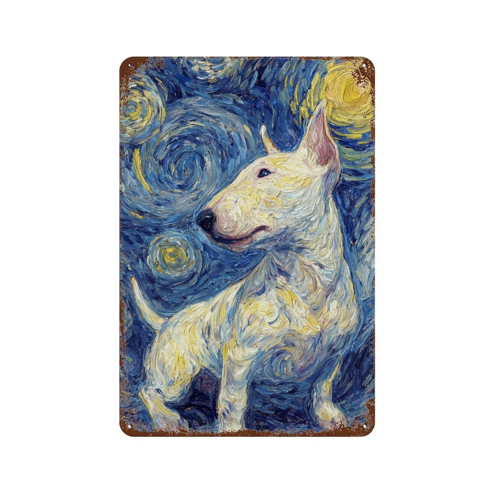 Rust Effect Starry Night Bull Terrier Art Print Aged Metal Wall Plaque 11.8"x7.9", Shabby Chic Decor for Living Room, Hallway And Home Decor