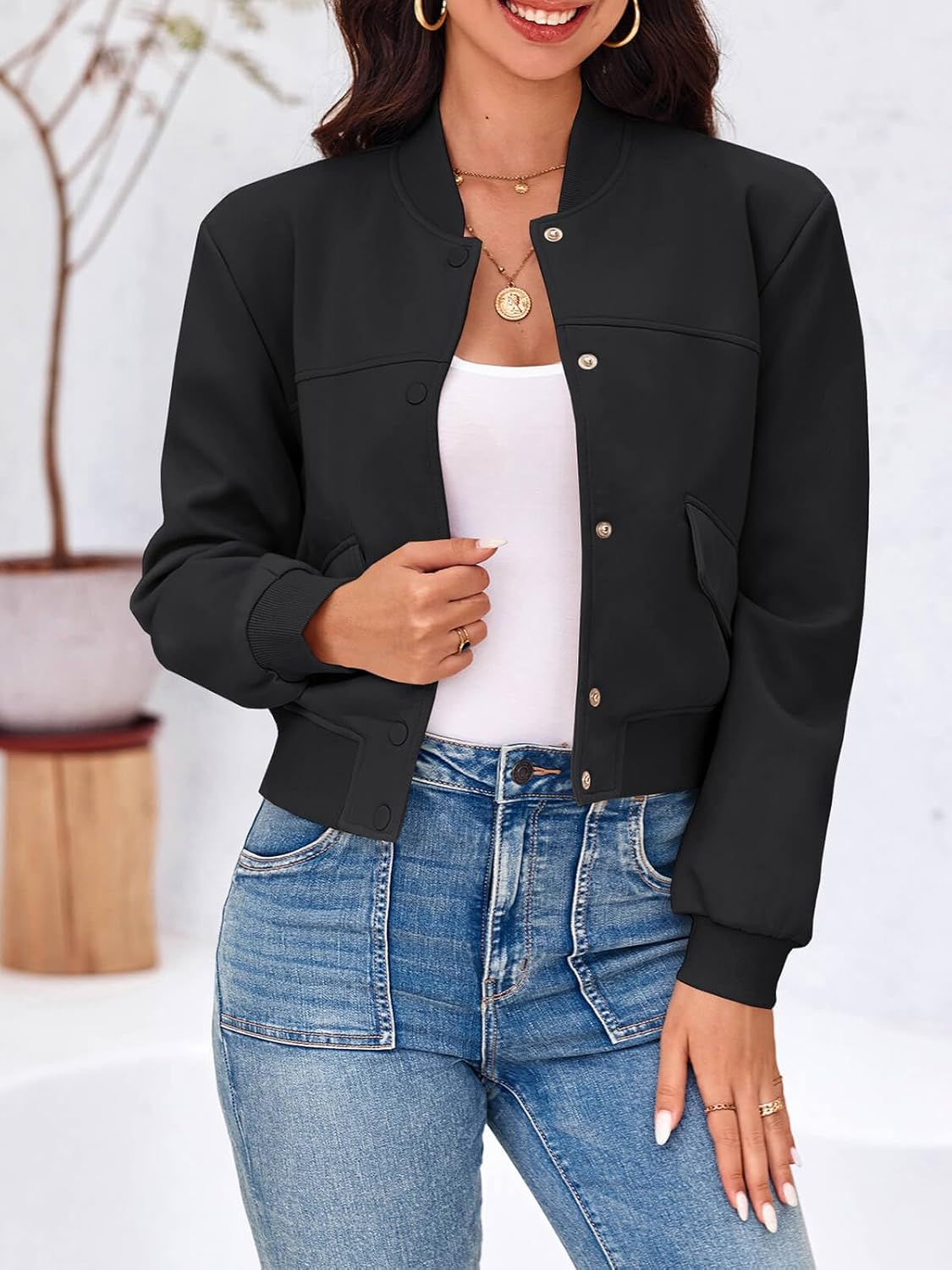 Tankaneo Womens Cropped Bomber Jackets Casual Button Down Long Sleeve Stand Collar Varsity Shacket Coats - Image 3