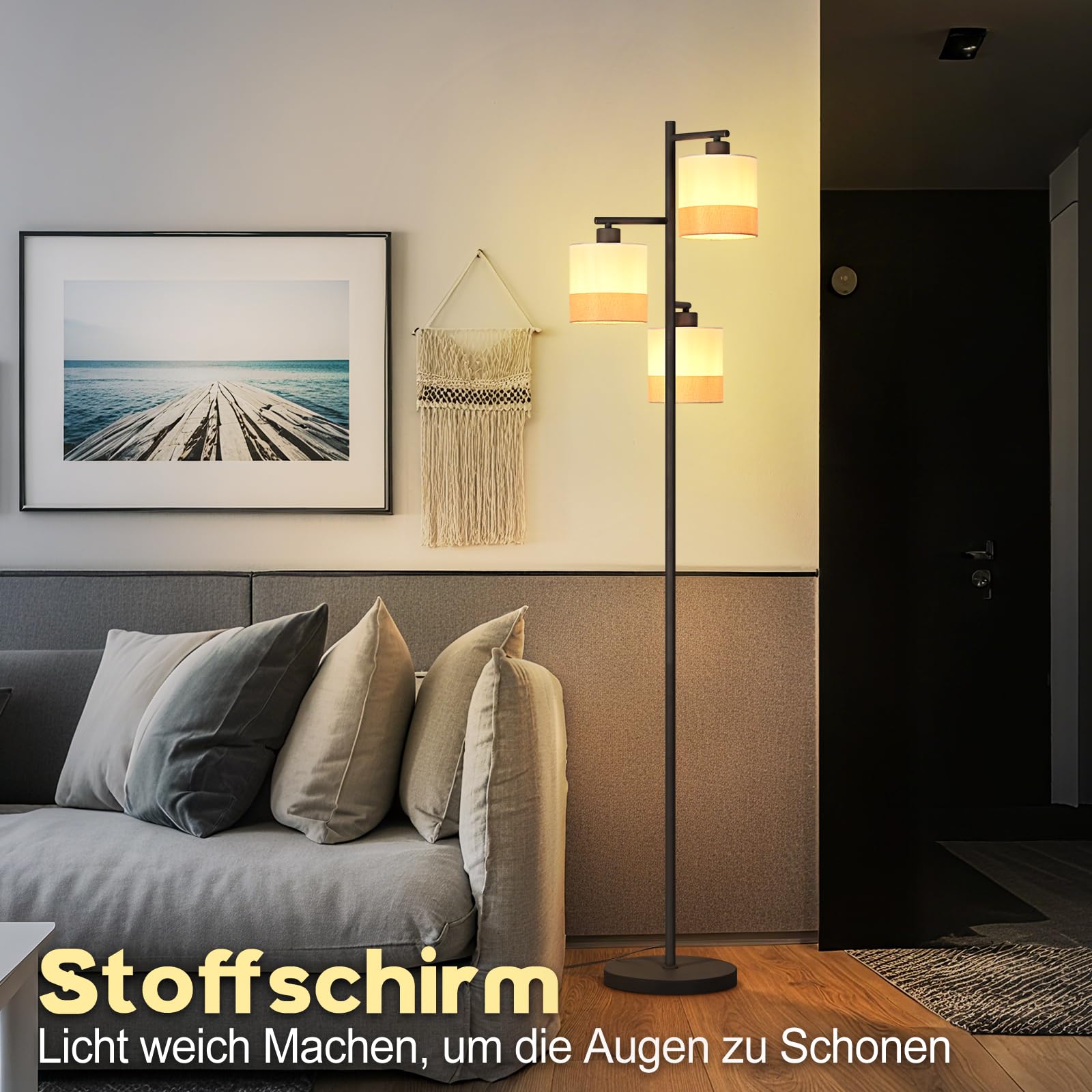 CBJKTX Stehlampe Wohnzimmer Stehleuchte Vintage - Stoff Standlampe 3 Flammig Standleuchte Schwarz Retro Leselampe E27 Rustikal Bodenlampe mit Fußschalter für Schlafzimmer Büro (ohne Leuchtmittel) | Flammig Standleuchte Schwarz Retro Leselampe E27 Rustikal