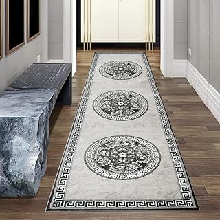 Teppich-Traum BRUECKENLÄUFER Orientteppich mit Glitzergarn | Bordüre & Verzierungen in Kreisform | grau anthrazit Creme 80 x 300 cm