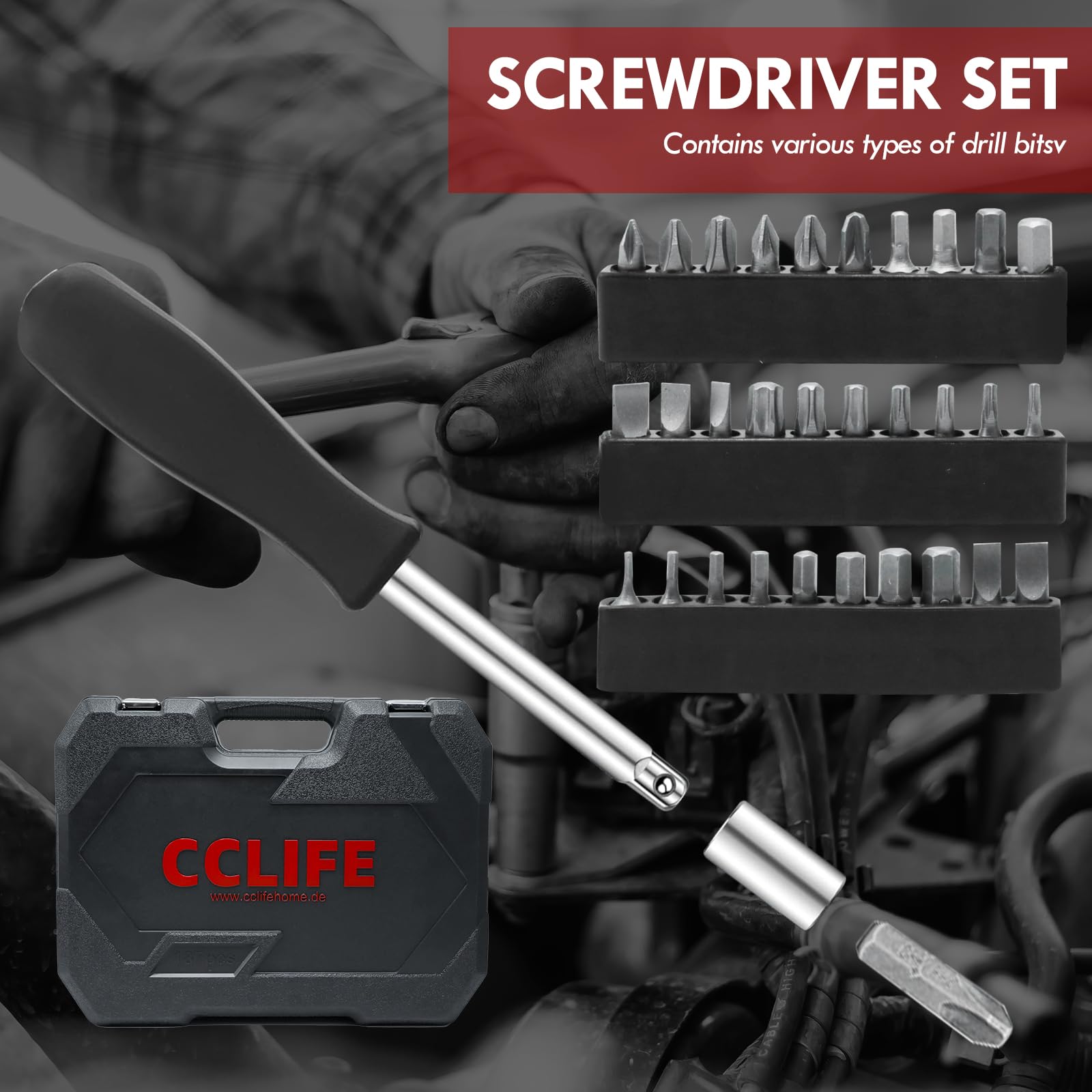 CCLIFE 187 tlg Steckschlüsselsatz Cr-V Ratschenkoffer Werkzeugkoffer 72 Zähne 1/2" 1/4" 3/8" Sechskant Steckschlüsseleinsatz Torx, Schlitz, Phillips, Pozidrive Bit Steckschlüsseleinsätze (187 tlg)