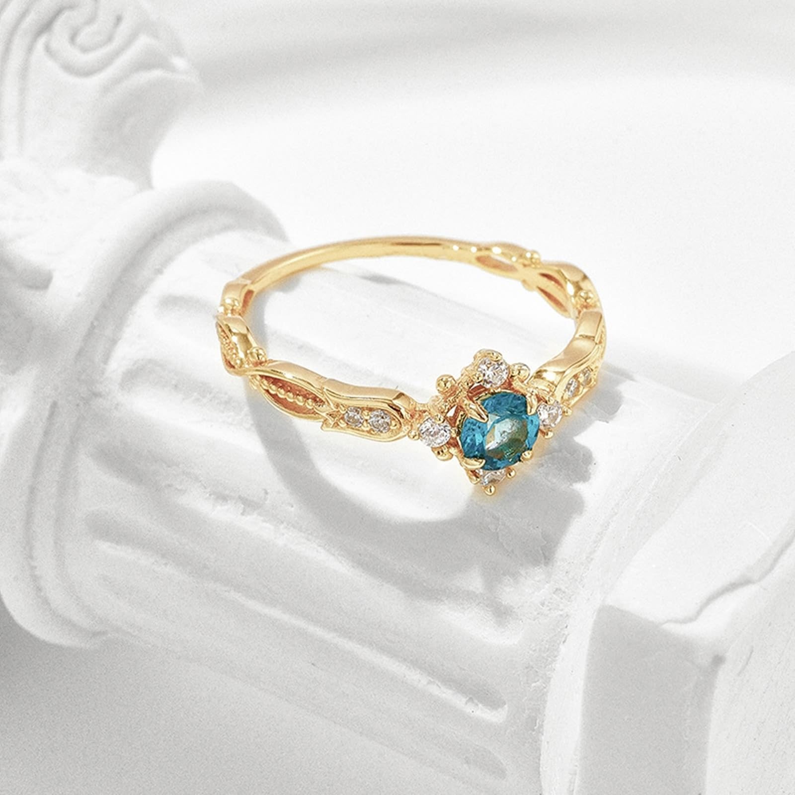 Anillo de boda de oro amarillo de 9 K/14 K/18 K con topacio azul, anillos retro para parejas