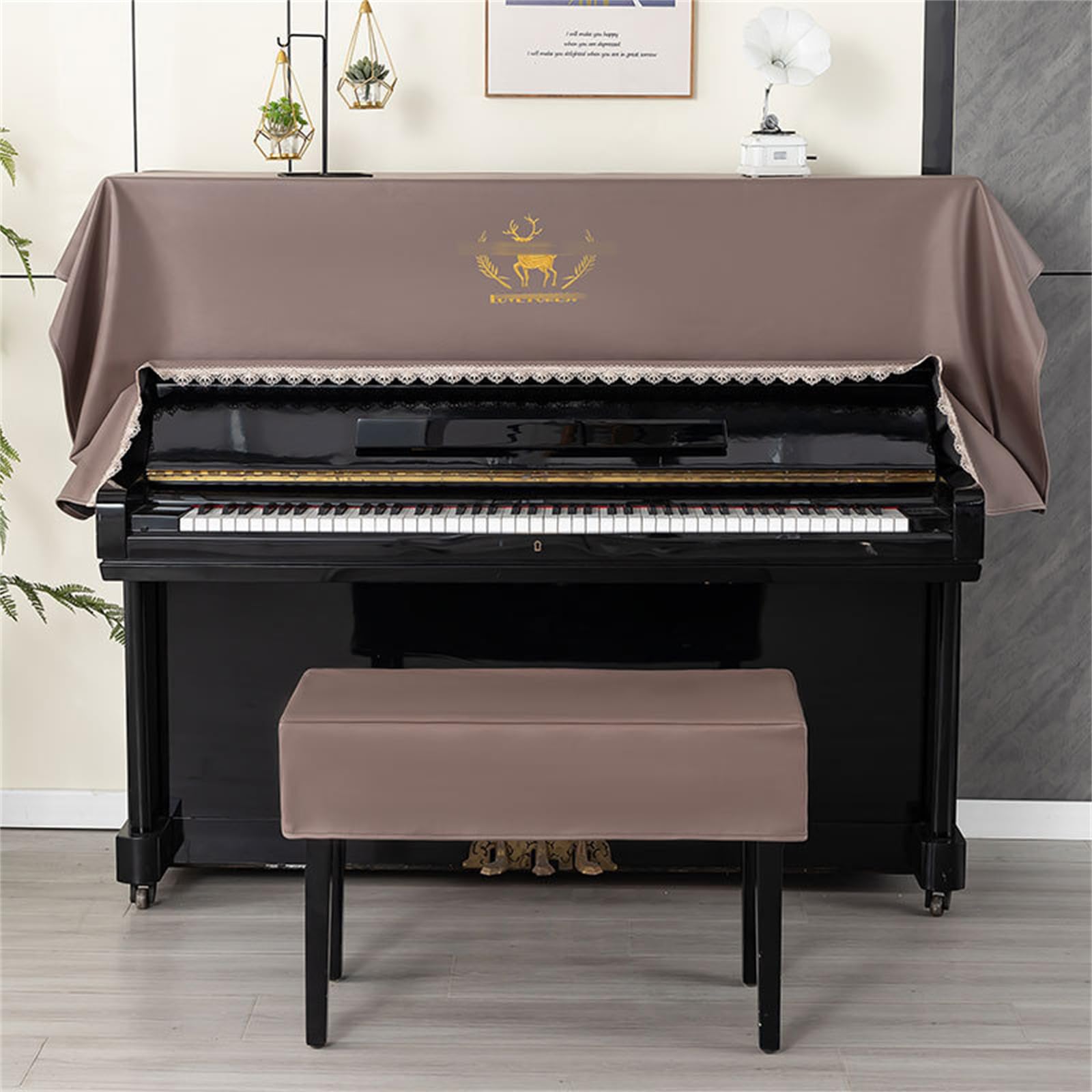 Telo Copri-Polvere per Pianoforte, Copri-Tasti per Pianoforte, Copri-Sgabello, Copertura Protettiva Universale per Pianoforte Verticale, Mezza Copertura con Ricamo di Cervo, Copertura protet