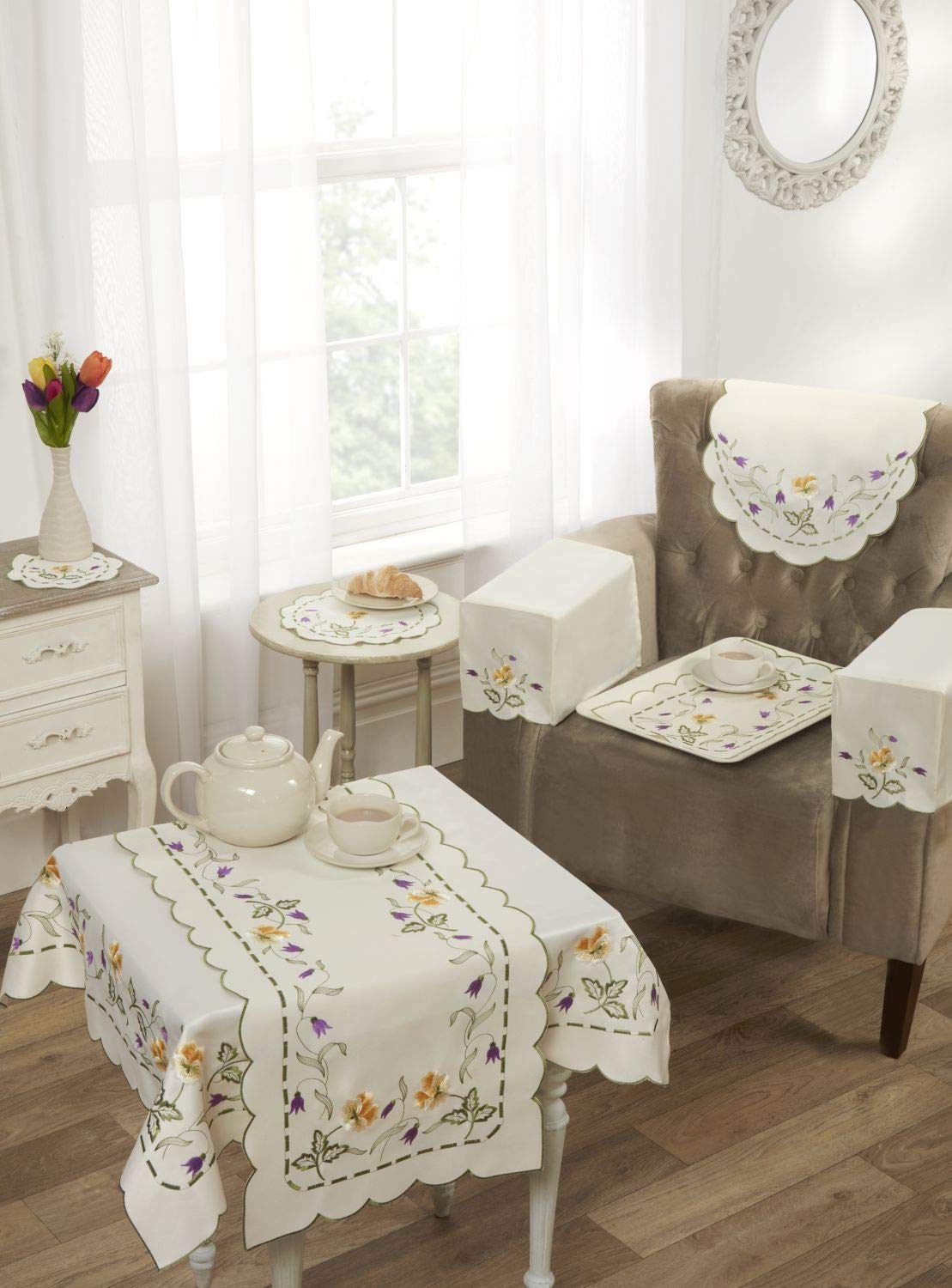 Emma Barclay Spring Embroidered Table Cloth in Cream - 36x36 (91x91cm)