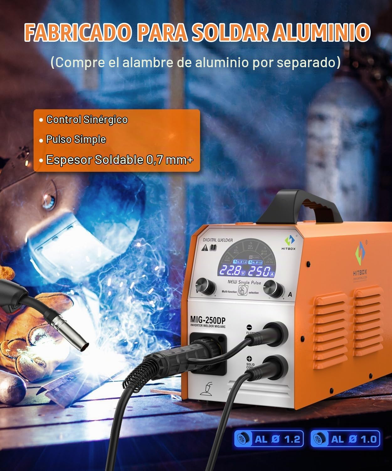 HITBOX Soldadora MIG 5‑en‑1 Monopulso IGBT Pantalla Color MIG MAG TIG ARC