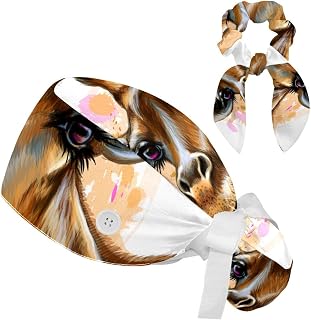 FVQL 2 Pieces Surgical Cap for Long Hair Scrub Cap with Hairband Nurse Cap, Funny Giraffe and Flower