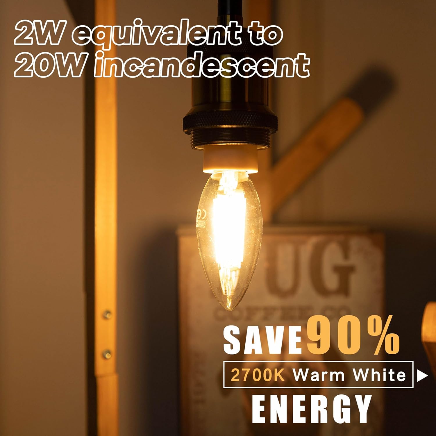Dimmable E12 LED Bulbs, 25Watt Candelabra Light Bulbs Warm White 2700K, 2W B11 Vintage Chandelier Candle Bulb,Type B Filament Light Bulbs Ceiling Fan,NO Flicker,120V,200LM,6pcs